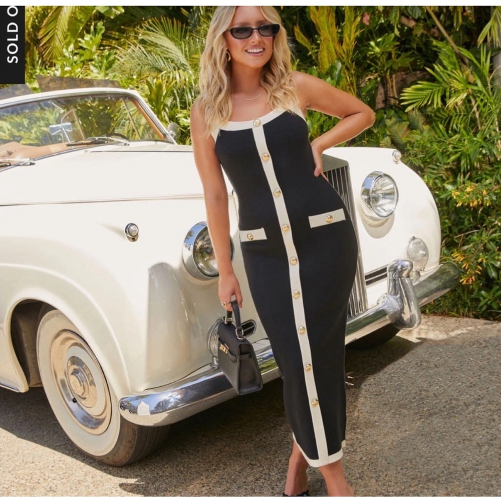 Vici Black and Cream Button-Trim Midi Dress